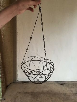 Rare Small Old Antique Metal Wire Handmade Hanging Planter Basket Aafa