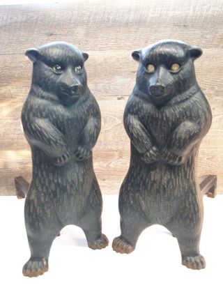 Pair Vintage Cast Iron Glass Eye Bear Fireplace Andirons Rustic Cabin Lodge