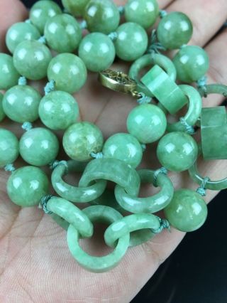 Antique Qing Dynasty Chinese Green Jade Necklace With Hand Carved Links