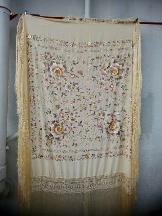 Antique Chinese Hand Embroidered Double Sided Silk Piano Shawl 55x55 22in Fringe