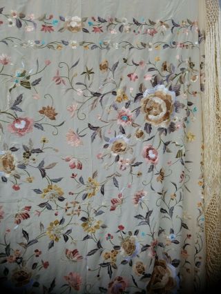 Antique Chinese Hand Embroidered double sided Silk Piano Shawl 55x55 22in Fringe 5