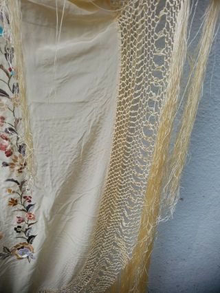 Antique Chinese Hand Embroidered double sided Silk Piano Shawl 55x55 22in Fringe 6
