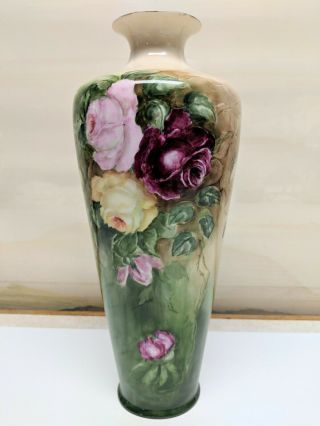 Older Belleek Porcelain Hand Painted Vase Roses 13 " Signed Pink Green Cream