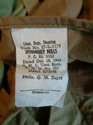 Vtg Us Military Sleeping Bag Cotton Liner Ww2 1943
