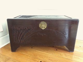 Hand Carved Wood Asian Antique George Zee And Company Trunk Chest