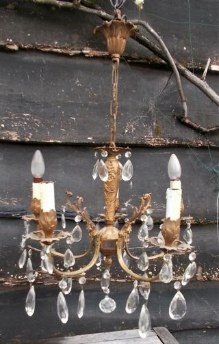 Vintage Bronze Gilt French Antiquecrystal Glass Light Chandelier