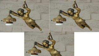 Set 3 Antique French Bronze Putti Angel Figurine Pendant Chandelier Lamps