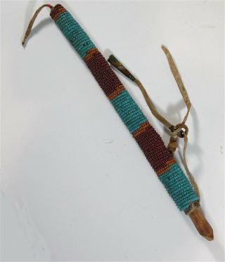 1920 Native American Sioux Indian Bead & Quill Decorated Hide & Wood Pipe Tamper