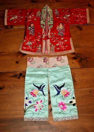 Antique Chinese Silk Embroidered Child ' s Outfit Jacket Pants Robe Pajamas Kimono 2