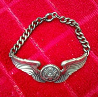 Orig.  Ww2 Us Army Air Corp Air Crew Wings Marked Sterling Full Size On Bracelet