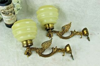 Pair Vintage French Brass Wall Lights Gothic Dragon Figurines Glass Shade 1970