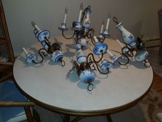 Vintage Blue Delft Porcelain 5 Light Chandelier And 3 Sconces With 2 Lights Each