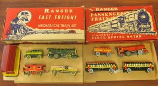 Vtg Ranger Tin Litho Key Wind Ranger Passenger Train & Fast Freight Toy Orig Box