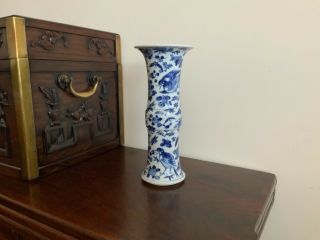 Good Late 19thc Chinese Blue And White Painted Birds Gu Form Vase.