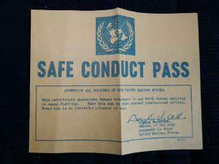 Korean War Safe Conduct Pass Leaflet - Gen Douglas Macarthur Good Pow Treatment