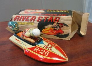 Vintage Yonezawa Japan Tin Litho Friction River Star Champion Hydroplane & Box