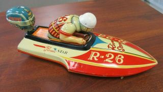 VINTAGE YONEZAWA JAPAN TIN LITHO FRICTION RIVER STAR CHAMPION HYDROPLANE & BOX 4