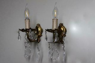 Pair French Vintage Bronze Wall Sconces,  Glass Crystal Style Candelabra