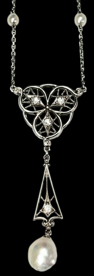 Antique Nouveau Art - Deco Platinum White Gold Diamond Pearl Drop Pendant Necklace