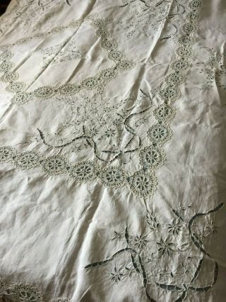 Vintage Hand - Embroidered Linen Tablecloth With Handmade Lace