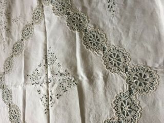 Vintage Hand - Embroidered Linen Tablecloth With Handmade Lace 3