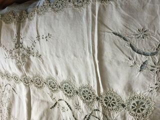 Vintage Hand - Embroidered Linen Tablecloth With Handmade Lace 4