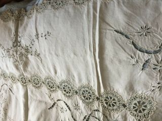Vintage Hand - Embroidered Linen Tablecloth With Handmade Lace 5