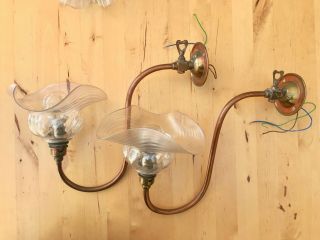 2 Wall Lights (Matching Pair) - Art Nouveau Glass Shades and Brass Fittings 3