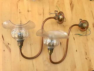 2 Wall Lights (Matching Pair) - Art Nouveau Glass Shades and Brass Fittings 6