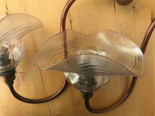 2 Wall Lights (Matching Pair) - Art Nouveau Glass Shades and Brass Fittings 7