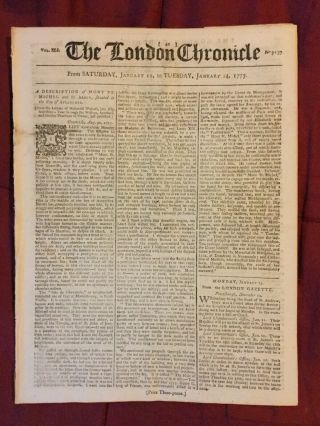 American Revolutionary War - 1777 London Chronicle Newspaper