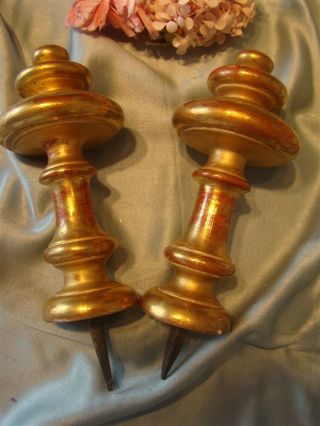 2 Large Finials Wood Carved Gilded French Antique 18th - Century Time