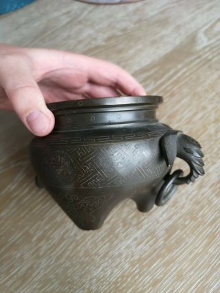 Old Chinese Bronze Censer With Elephant Handles