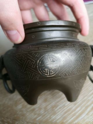 Old Chinese Bronze Censer With Elephant Handles 9