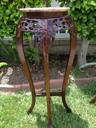 Wooden Cherry Pedestal Plant Holder With Marble Top and Floral Carved 9