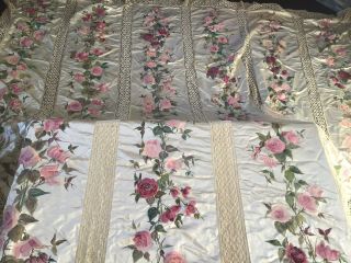 Antique Silk French Italian Hand Painted Roses Handmade Lace Bedspread Textiles