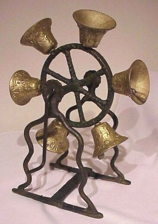 Vintage Antique Cast Wall Mount (6) Rotating Brass Bells Ranch Country Doorbell