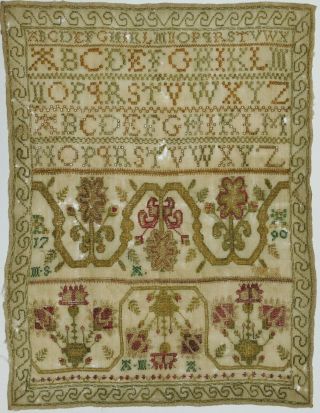 Antique Georgian 18th C.  Sampler - 1790 - Thistles - Scottish - Initials