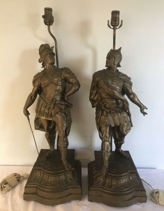 Vtg Spelter Roman Soldier Lamps After Arthur Waagen (french,  1869 - 1910)