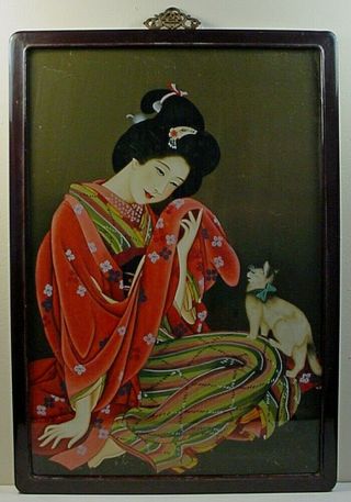 Vintage Chinese Reverse Painting On Glass ‘beautiful Lady Playing With Kitten’