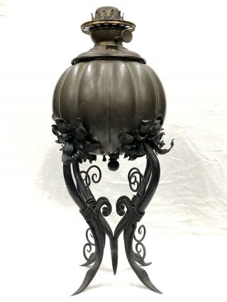 1880 - 1900’s Arts & Crafts Wrought Iron GWTW Center Draft Parlor Banquet Oil Lamp 4