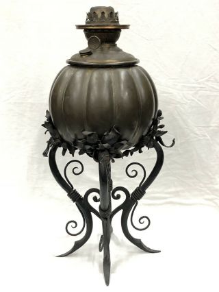 1880 - 1900’s Arts & Crafts Wrought Iron GWTW Center Draft Parlor Banquet Oil Lamp 6