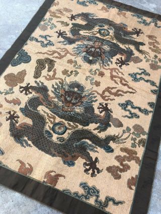 Antique Chinese Imperial Yellow Satin Dragon Panel Embroidered Kesi Gold Qing 5
