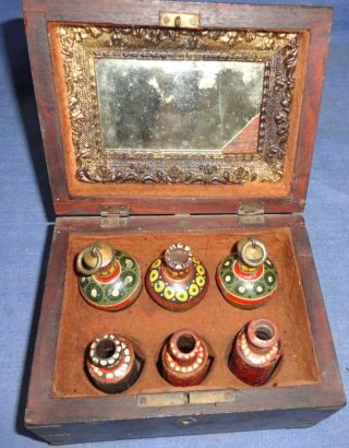 Vintage Brass Inlay Work Wooden Perfume Box With Painted Bottle