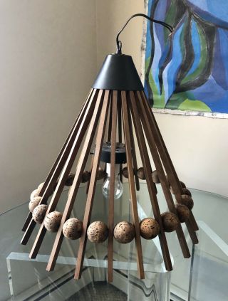 Mid Century Modern Danish Teak & Cork Umbrella Chandelier Lamp