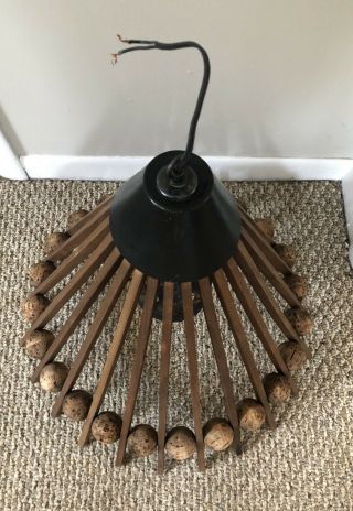 Mid Century Modern Danish Teak & Cork Umbrella Chandelier Lamp 2