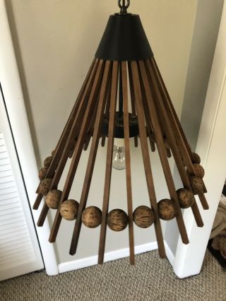 Mid Century Modern Danish Teak & Cork Umbrella Chandelier Lamp 6