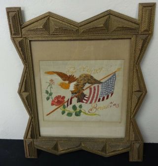 Antique Tramp Art Framed Patriotic Needlework W/ Eagle & Flag Wow