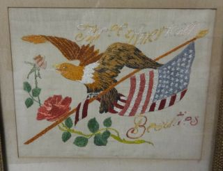 Antique Tramp Art Framed Patriotic Needlework w/ Eagle & Flag WOW 2