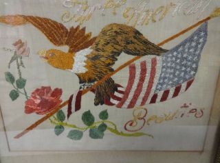 Antique Tramp Art Framed Patriotic Needlework w/ Eagle & Flag WOW 3
